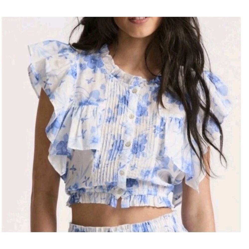 Love Shack Fancy Cotton Floral Blue White ButtonUp Cropped Nora Top XS Boho Chic - Picture 1 of 14
